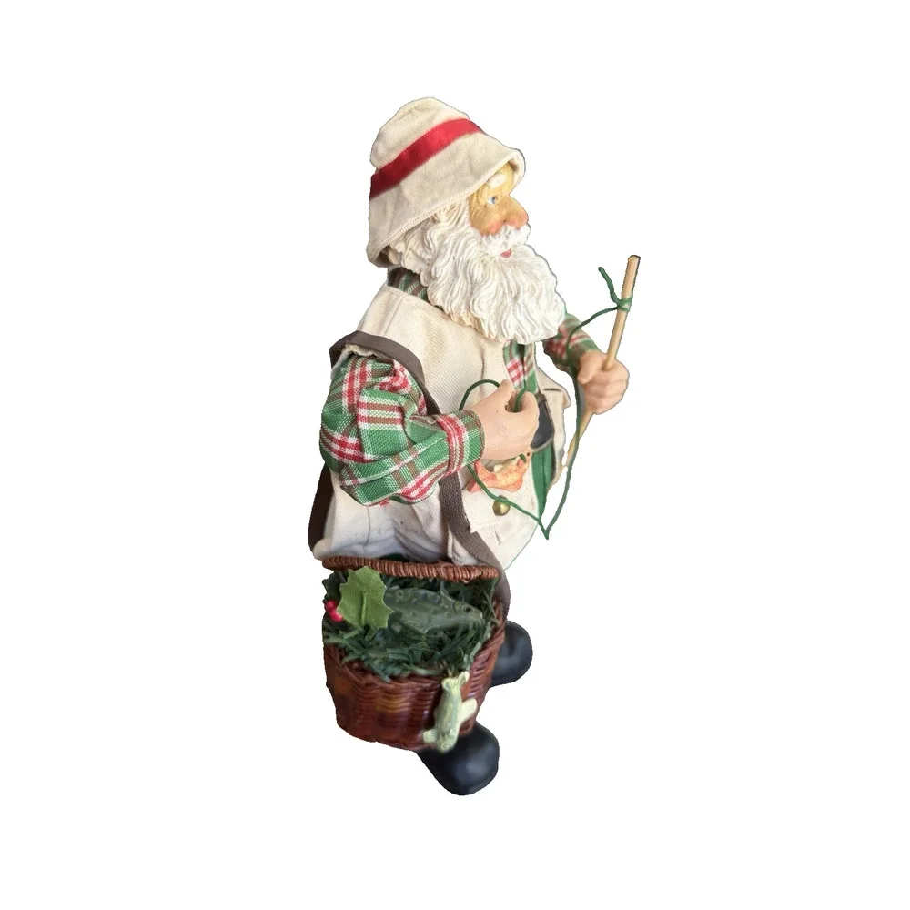 Vintage Fishing Christmas Santa Claus with Fishing Pole Figurine Fabric Mache